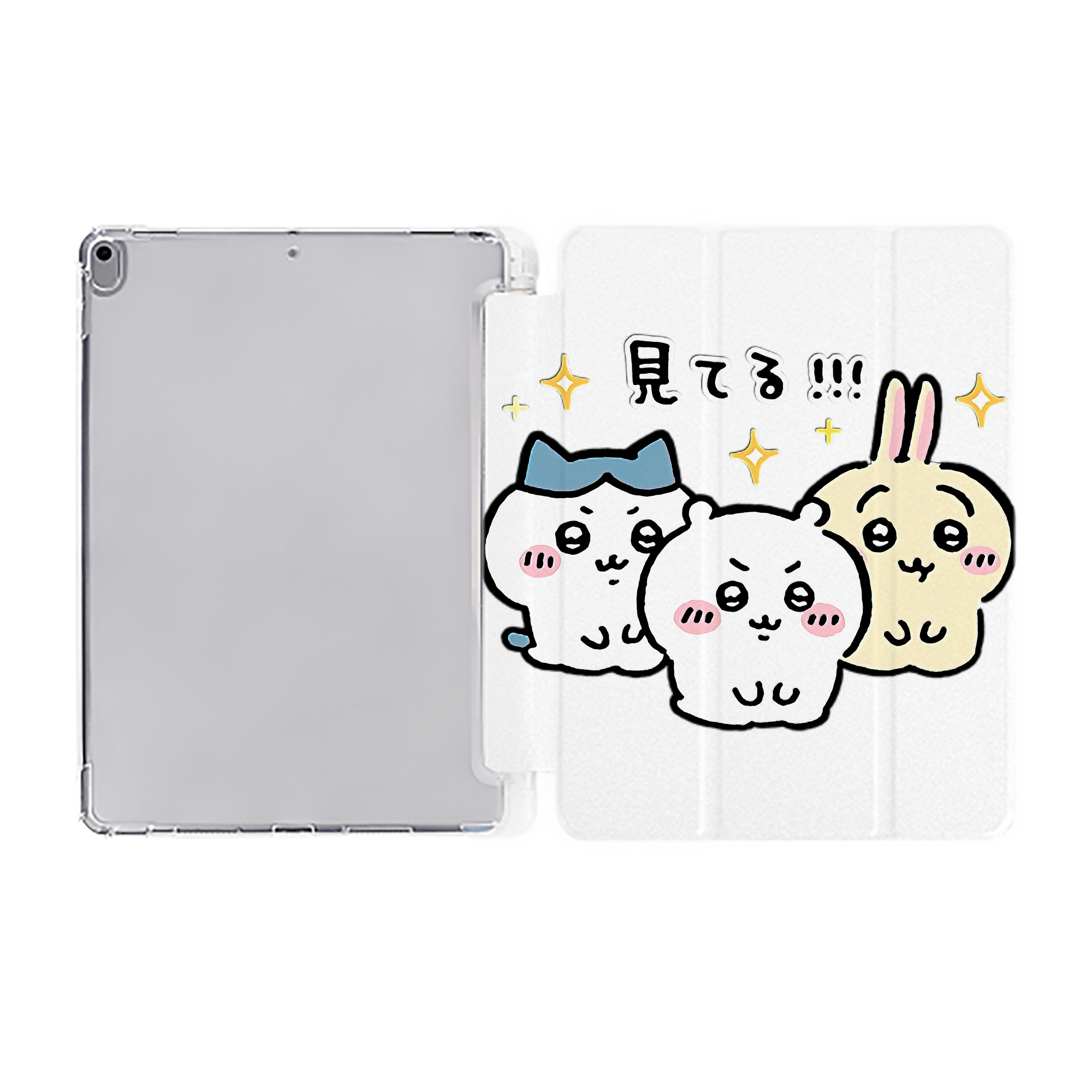 （画像用） ちいかわ ハチワレ Chii-kawa hachiware IPad ケース ペン収納付き 三つ折りスタンド PUレザー×シリコン 対応機種9.5/10.5/10.9インチ